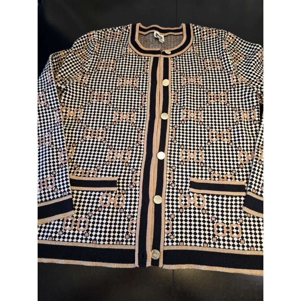 Anne Klein Cardigan Sweater Medium Black White Geometric Diamond Logo Gold‎ Trim